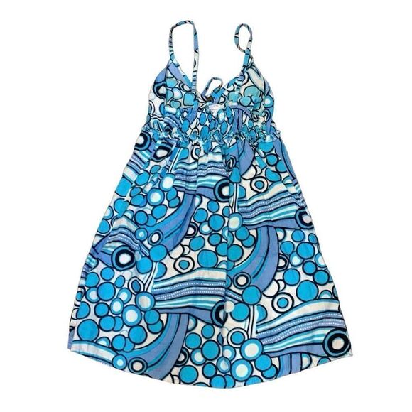 Y2K CYN by Cynthia Mehra Small Blue White Adjustable Strap Printed Mini Dress - Picture 3 of 7